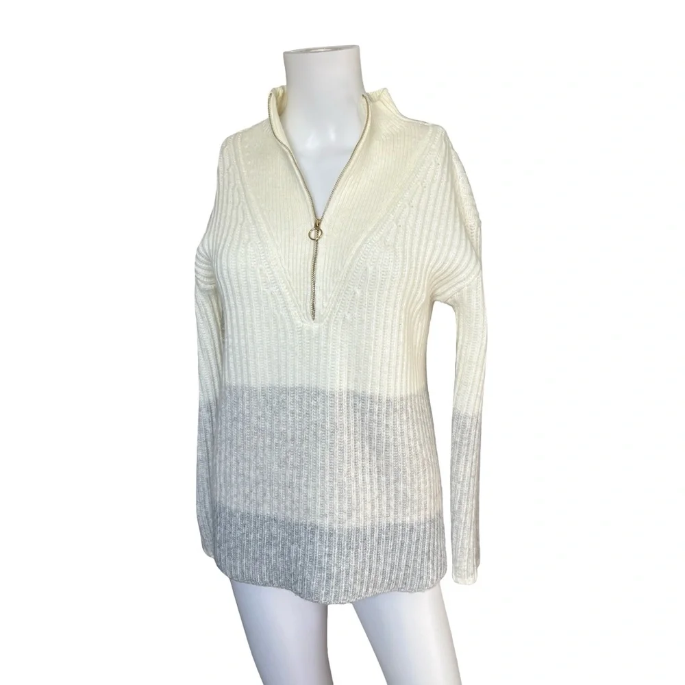 Talbots Knit Half Zip Sweater Neutral Stripe Cream Gray Preppy Womens Size XS